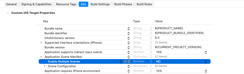 Xcode plist editor for UIApplicationSceneManifest