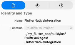 Relative location of FlutterNativeIntegration shown in Xcode's File inspector.