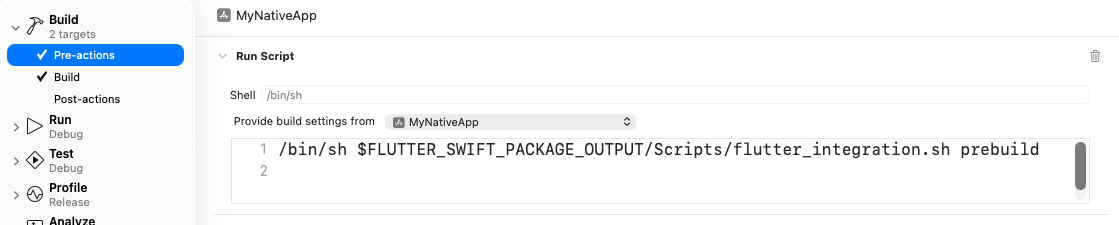 Pre-action Run Script in scheme editor.