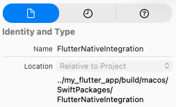 Relative location of FlutterNativeIntegration shown in Xcode's File inspector.